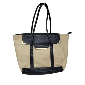 Olivia & Joy Large Beige Black Zipper Top Pebble Satchel Tote Shoulder Handbag